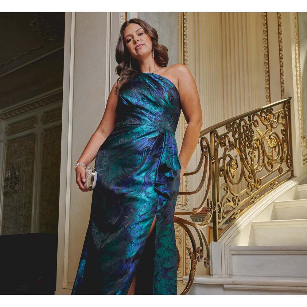 Adrianna Papell Plus Size One Shoulder Jacquard Mermaid Gown With Drape Detail I